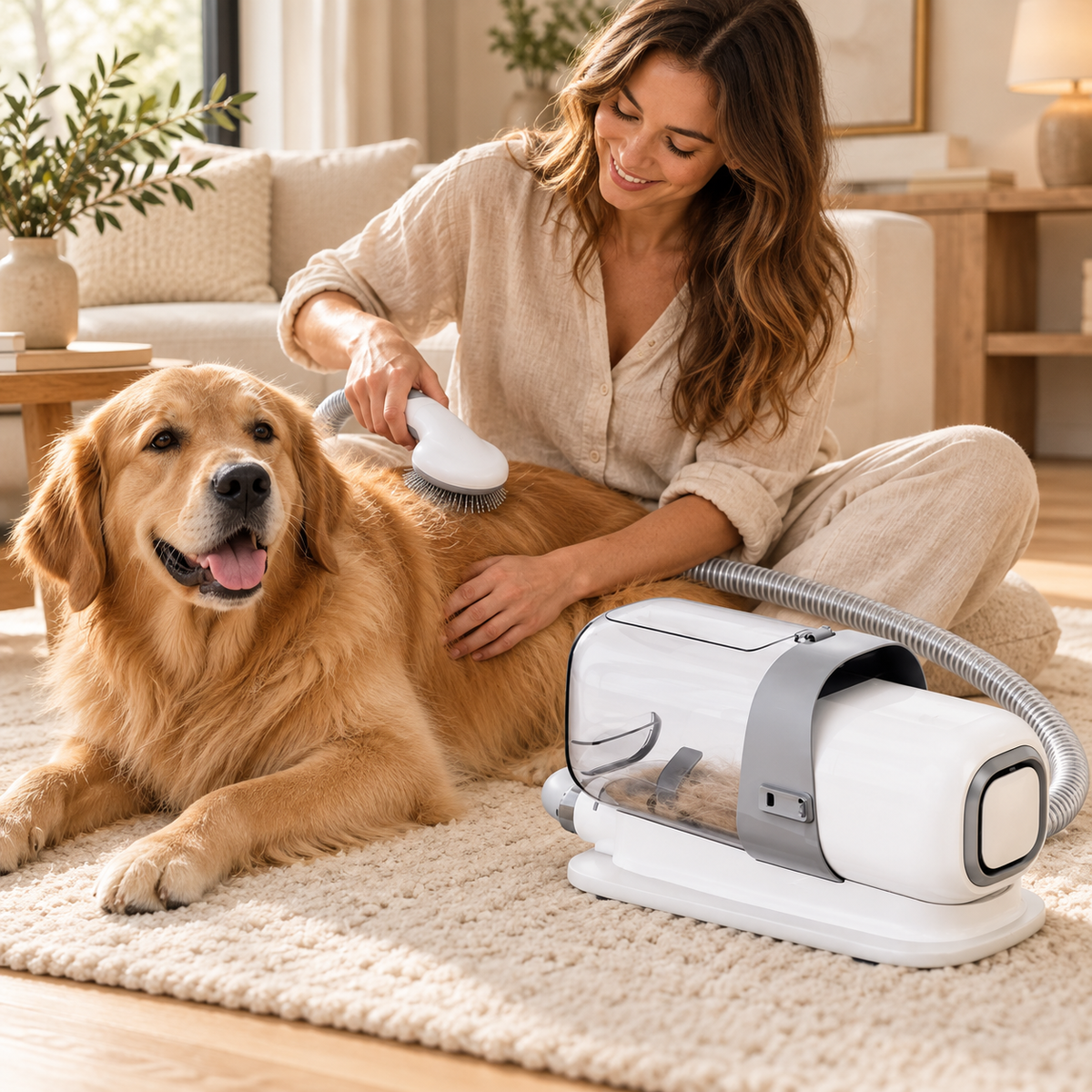 Une femme brosse un golden retriever avec le kit de toilettage à aspiration dans un salon chaleureux