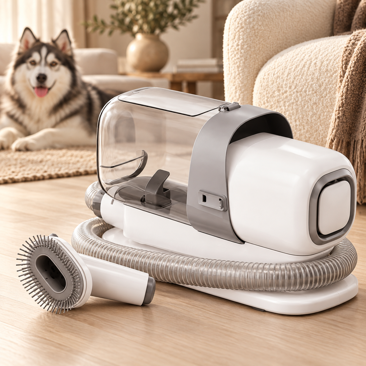 Aspirateur de toilettage blanc et gris dans un salon aux tons crème avec un chien en arrière-plan