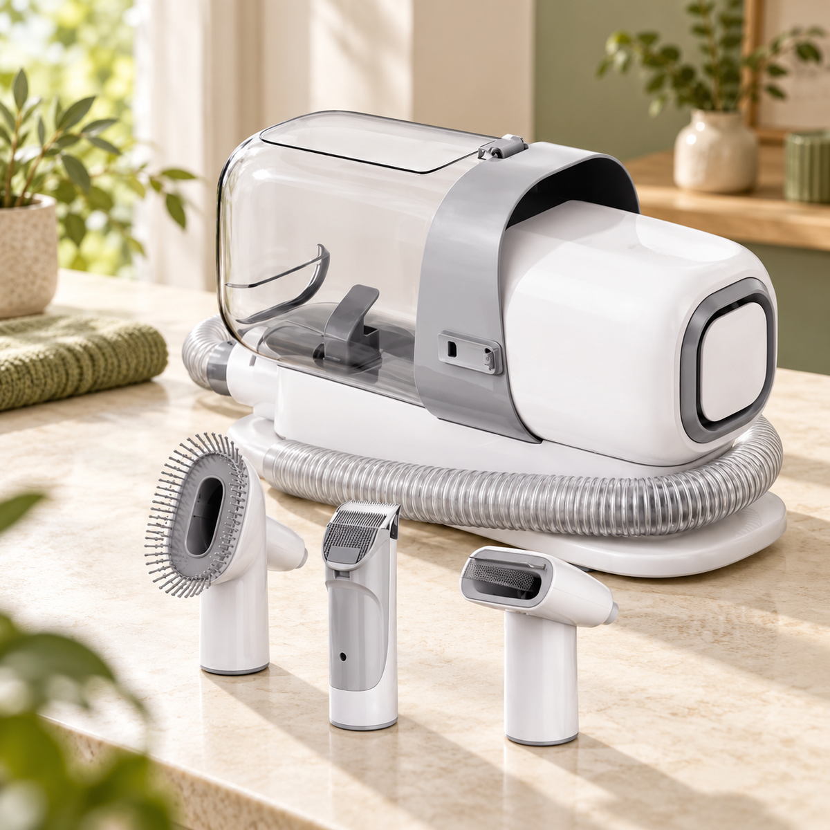 Kit de toilettage avec aspirateur blanc et gris et ses accessoires sur une surface en pierre claire
