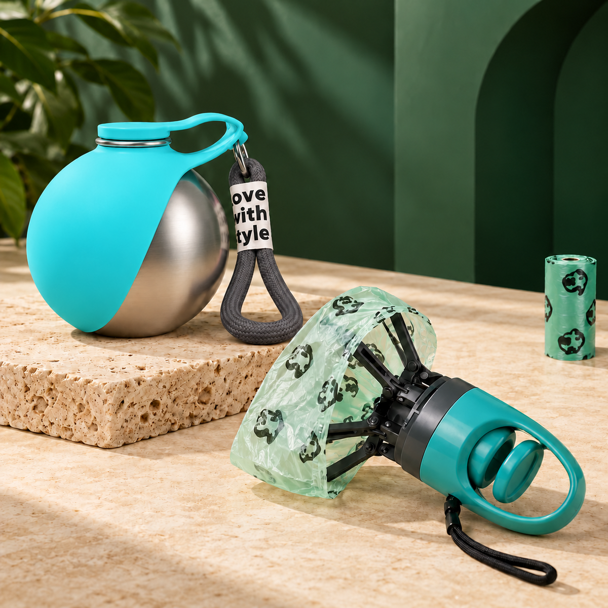 Kit de paseo Atikaly con botella azul de acero y recogedor de garra verde azulado