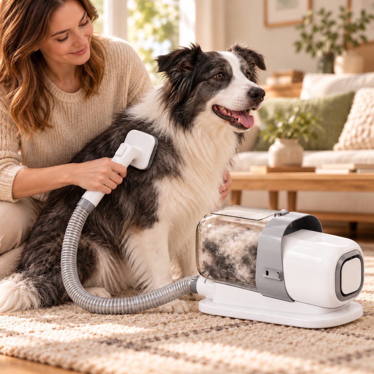 Mise en scène illustrative : brosse carrée à picots utilisée sur un border collie, réservoir presque plein