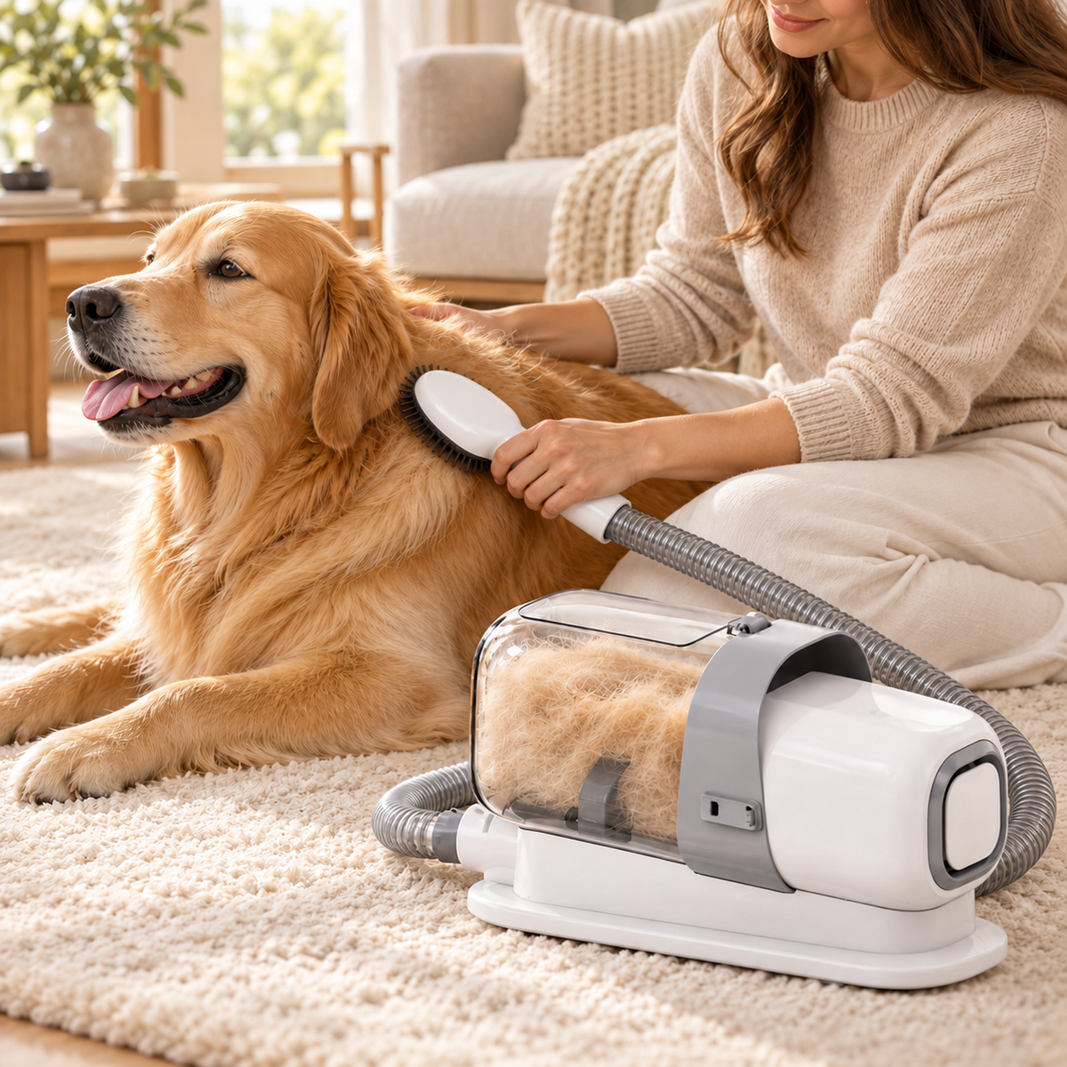 Mise en scène illustrative : brosse ovale à poils courts utilisée sur un golden retriever, réservoir presque plein