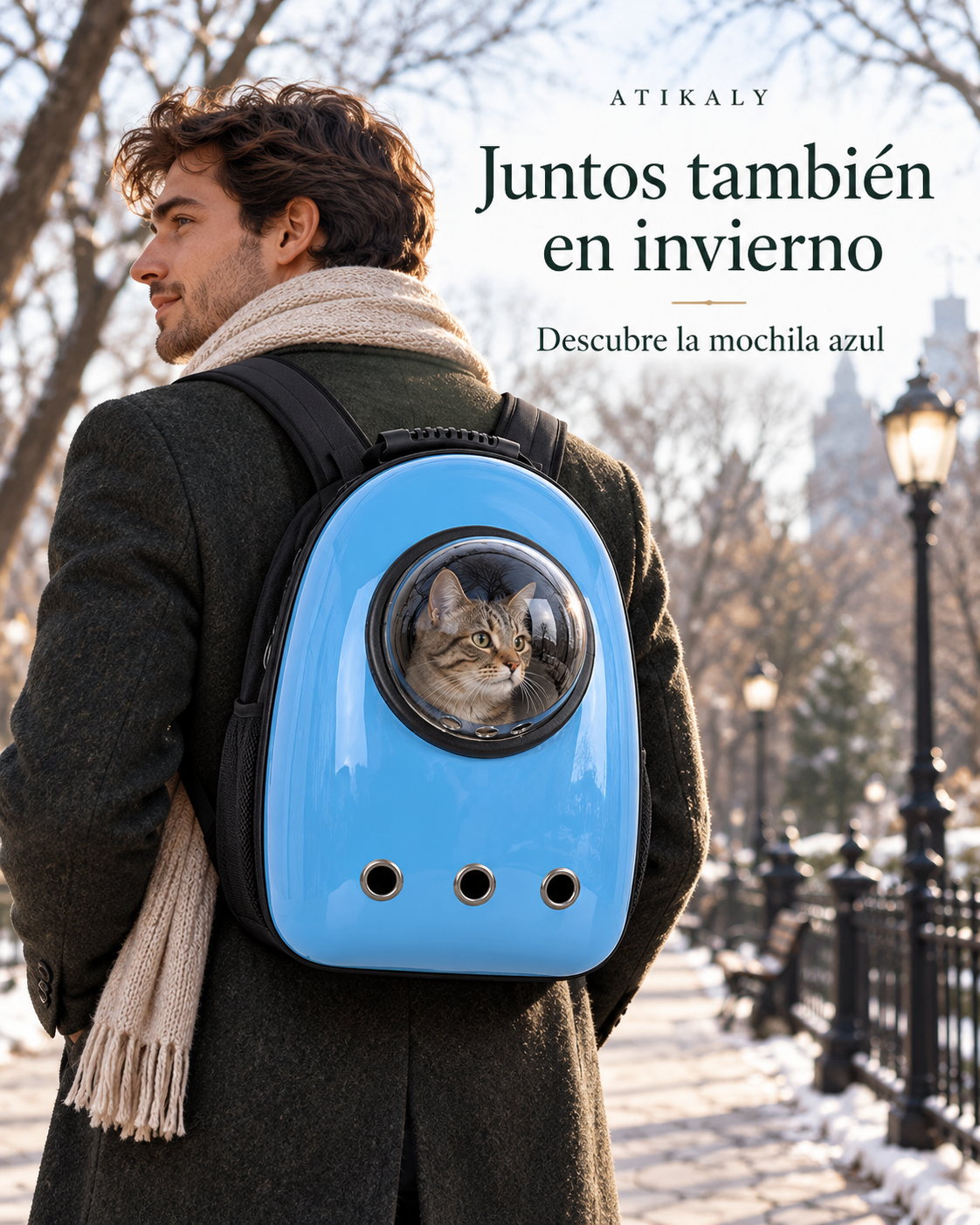 Blue Atikaly backpack on a winter walk
