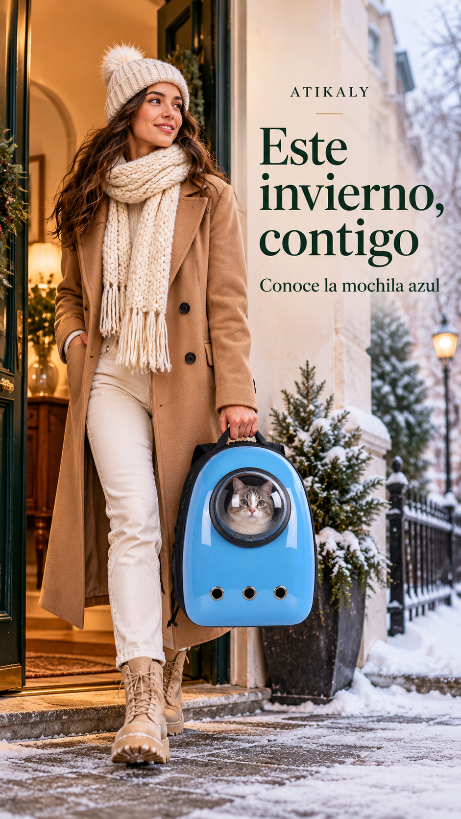 Blue Atikaly backpack ready for a winter outing