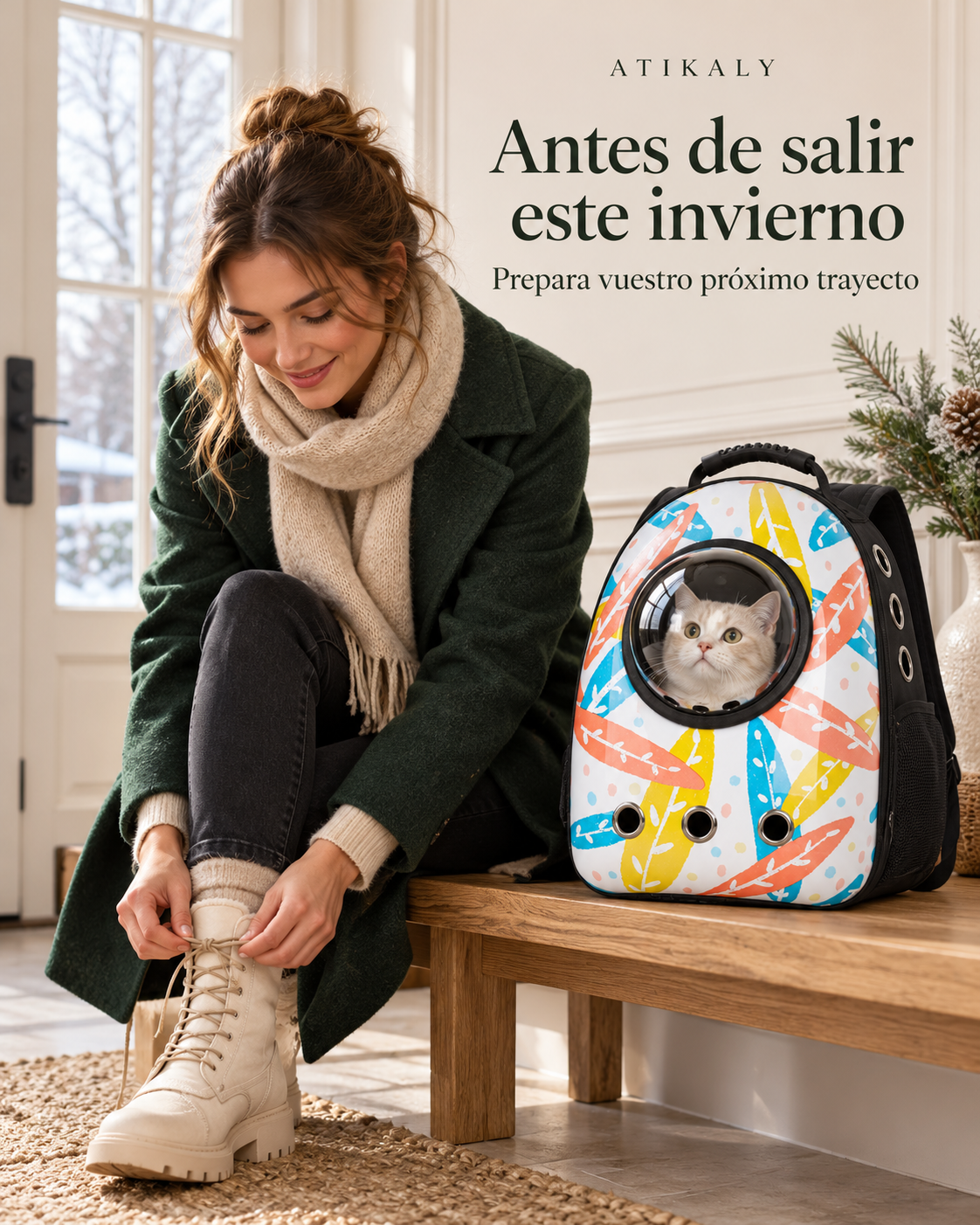 Sac à motif feuilles auprès de sa propriétaire avant une sortie en hiver