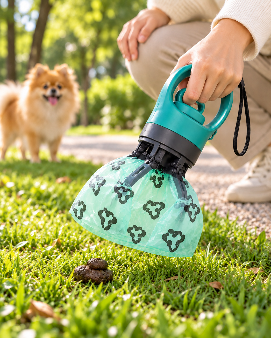 Recogedor de garra Atikaly con bolsa protectora entera, preparado para recoger las heces en el parque