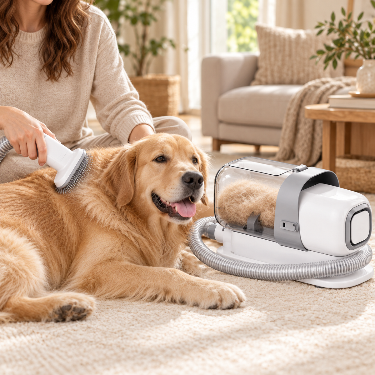 Mise en scène illustrative : brosse à picots utilisée sur un golden retriever, avec le réservoir rempli de poils