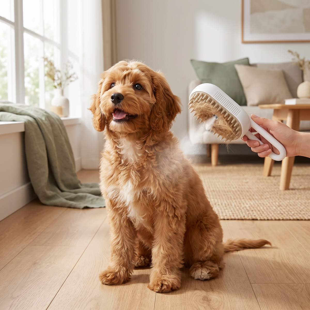 Perro tranquilo mientras lo cepillan con el cepillo de vapor
