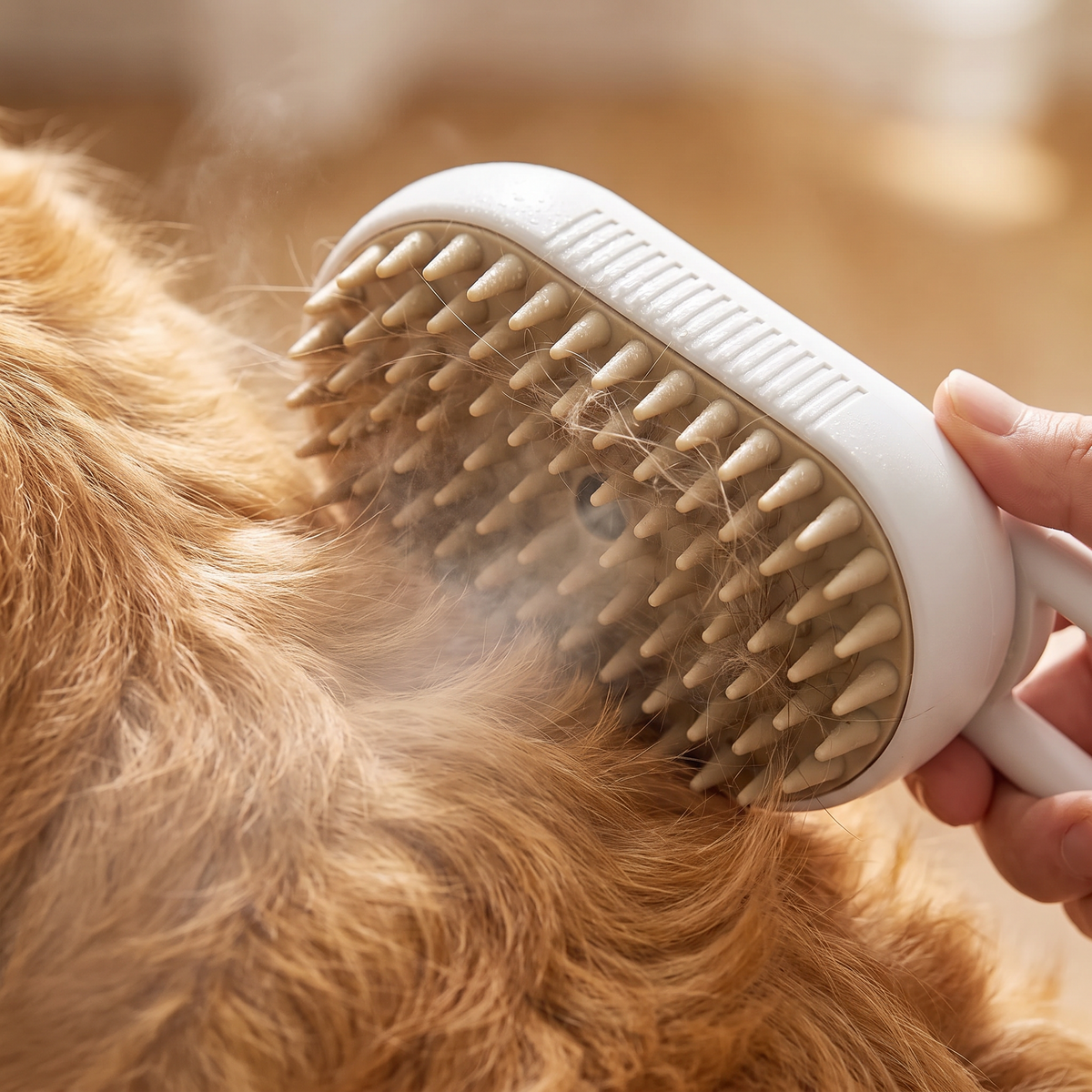 Primer plano del cepillo de vapor cepillando a un perro