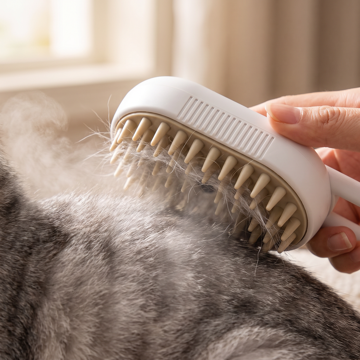 Primer plano del cepillo de vapor cepillando a un gato