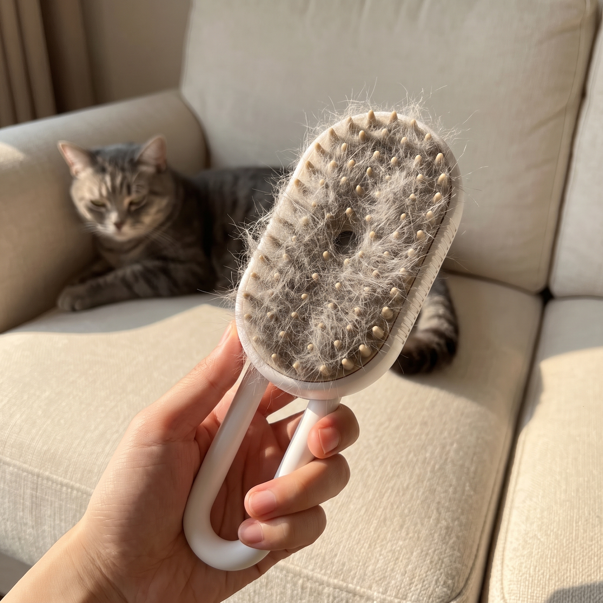 Cepillo lleno del pelo de gato recogido