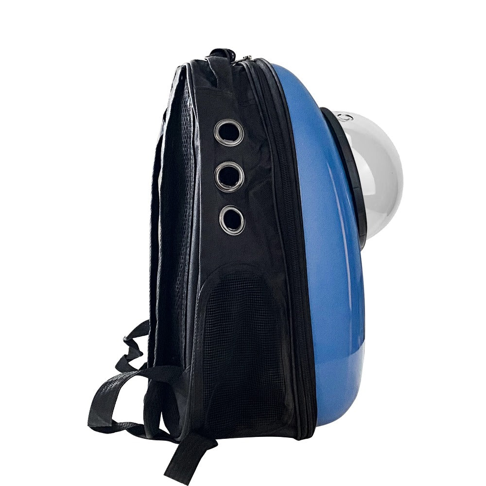 Blue carrier backpack with ventilation holes and padded straps